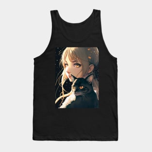 Cute Anime Girl With A Black Cat Tank Top